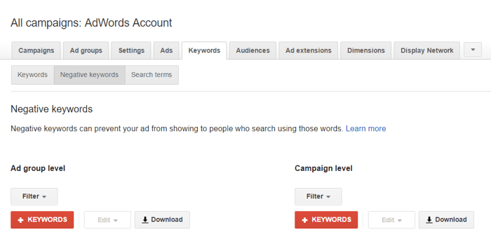 Keywords Best Practices Negative Keywords AdWords Account