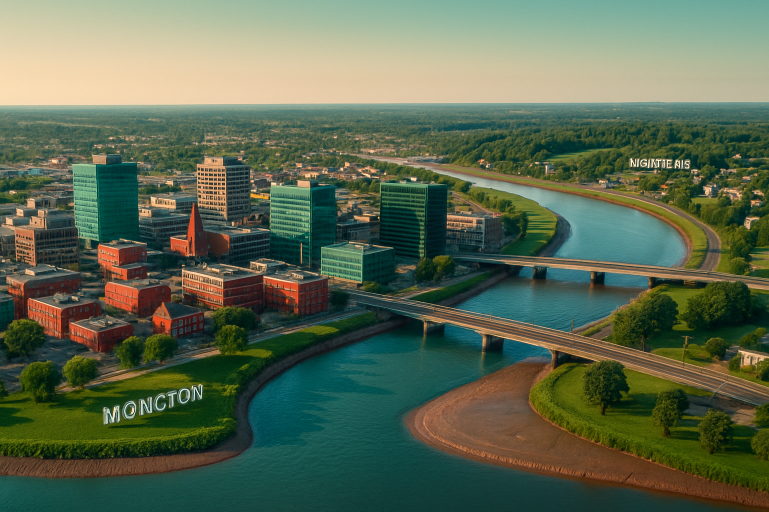 Moncton New Brunswick startup ecosystem aerial bilingual technology Petitcodiac River customer service Atlantic Canada affordable tech hub