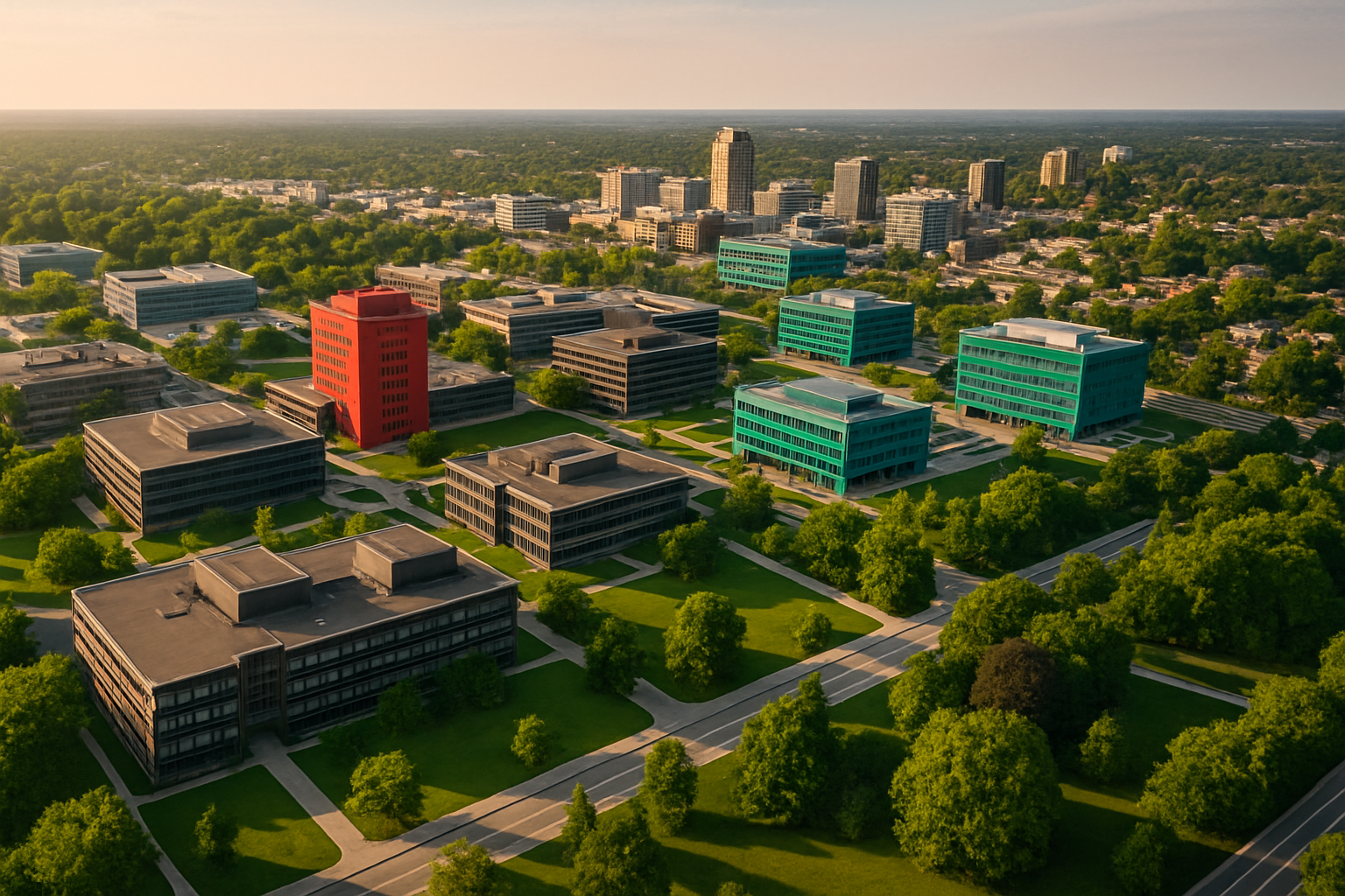 Waterloo Ontario startup ecosystem aerial view with University of Waterloo campus and innovation district featuring ShoutEx brand colors