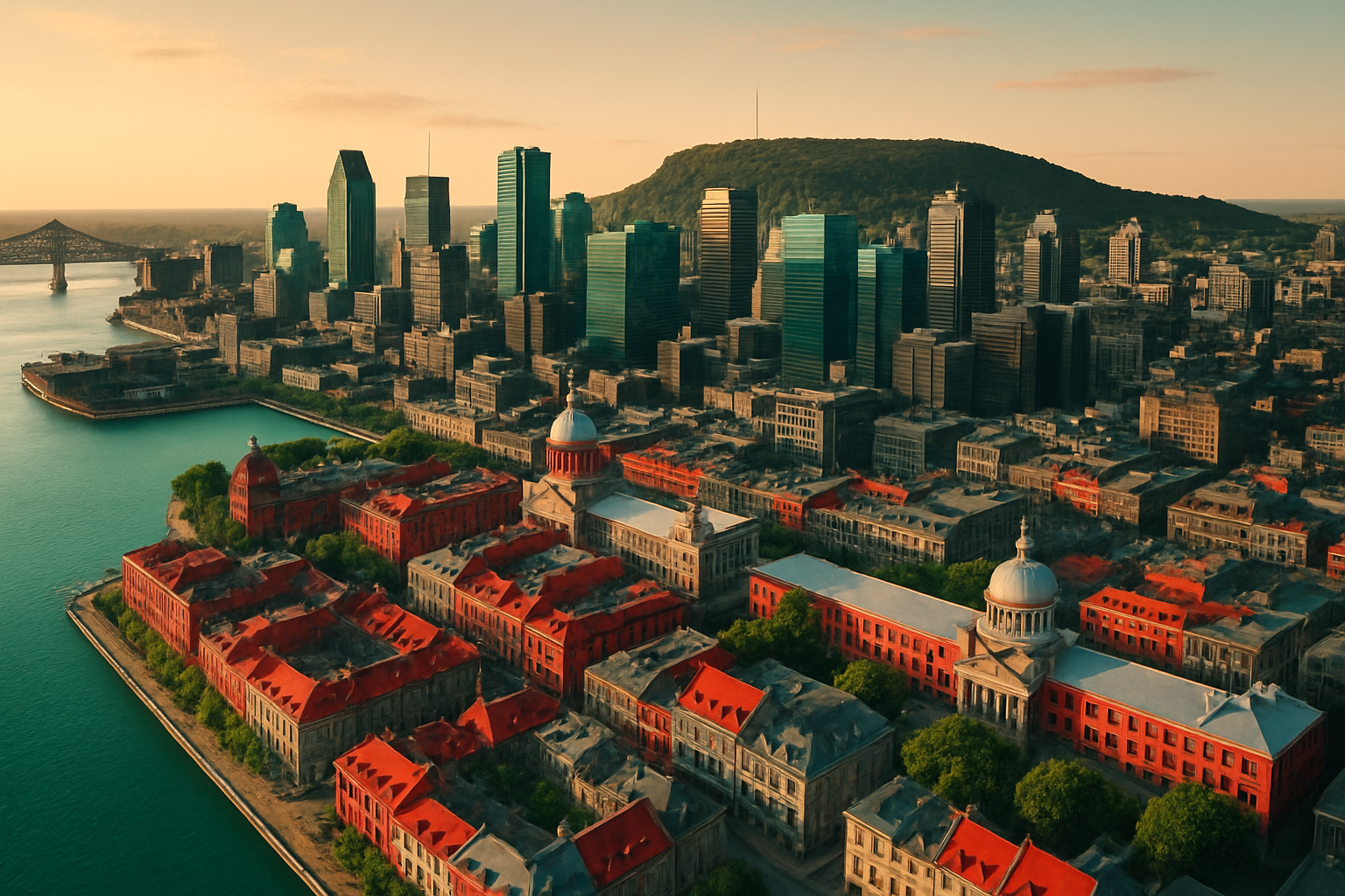 Montreal Quebec startup ecosystem aerial view with Old Montreal downtown core and Mount Royal featuring ShoutEx brand colors