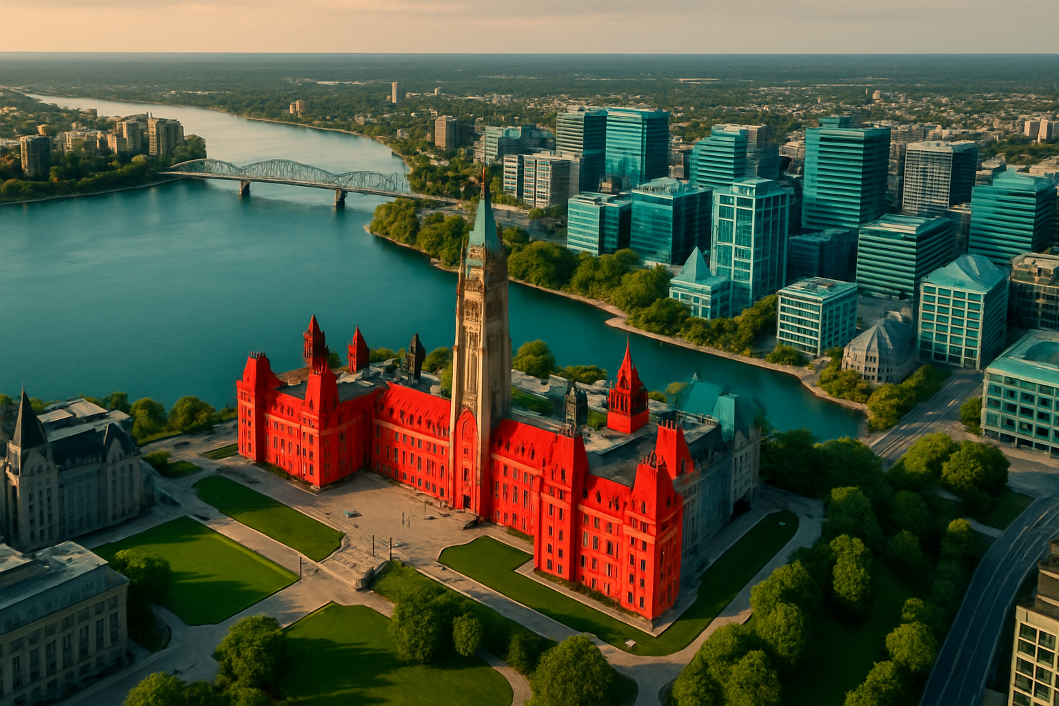 Ottawa Ontario startup ecosystem aerial view with Parliament Hill Ottawa River and tech corridors featuring ShoutEx brand colors