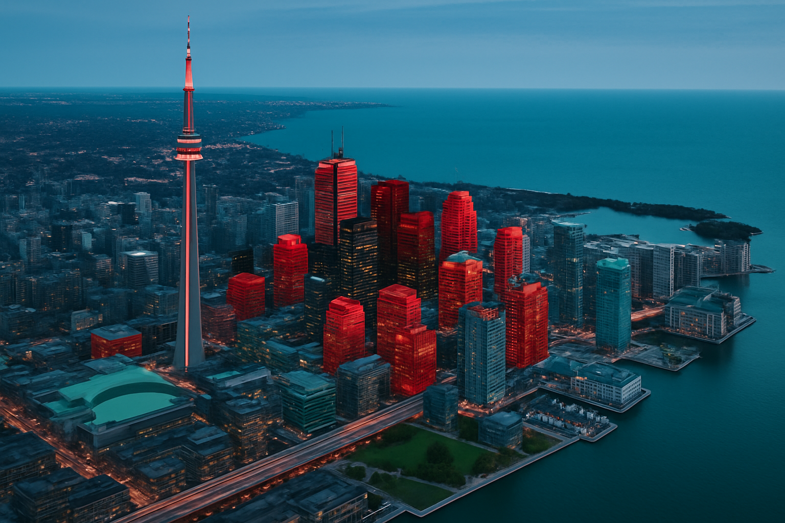 Toronto Ontario startup ecosystem aerial view with CN Tower financial district and waterfront featuring ShoutEx brand colors