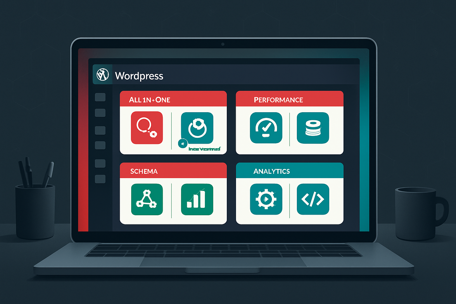 Organized WordPress dashboard displaying comprehensive SEO plugin categories including all-in-one tools, performance optimization, schema markup, analytics, and technical SEO plugins in navy blue and orange interface
