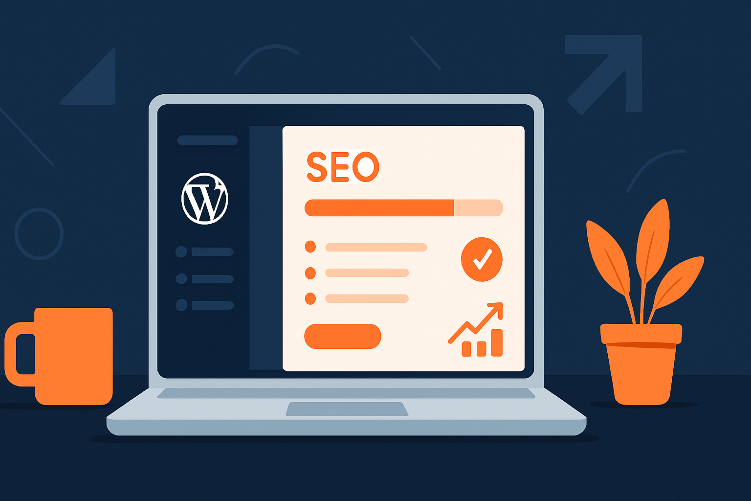 Minimalist workspace showing WordPress dashboard with SEO plugin interface, clean orange and navy blue color scheme representing focused optimization strategy