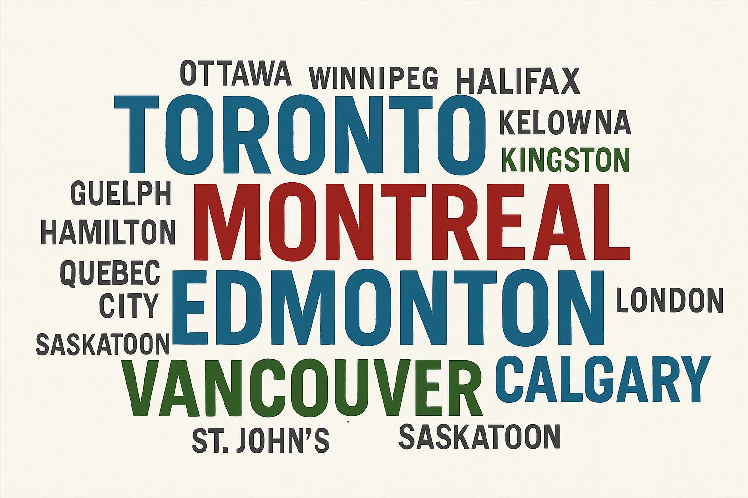 Word cloud featuring major Canadian startup cities including Toronto, Montreal, Edmonton, Vancouver, Waterloo, and Calgary.