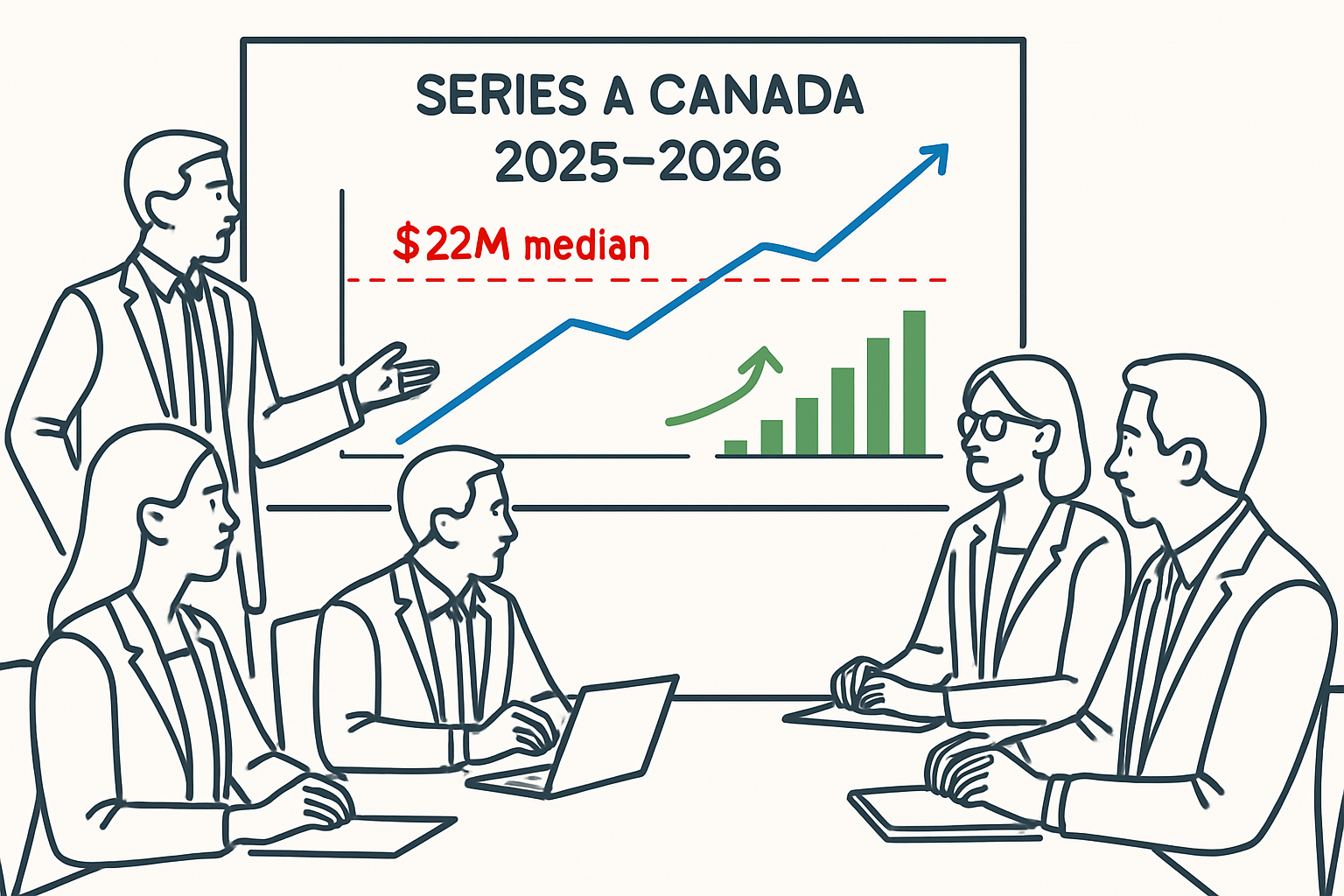 Boardroom meeting showing founders reviewing Series A funding metrics and investor expectations in Canada for 2025–2026.