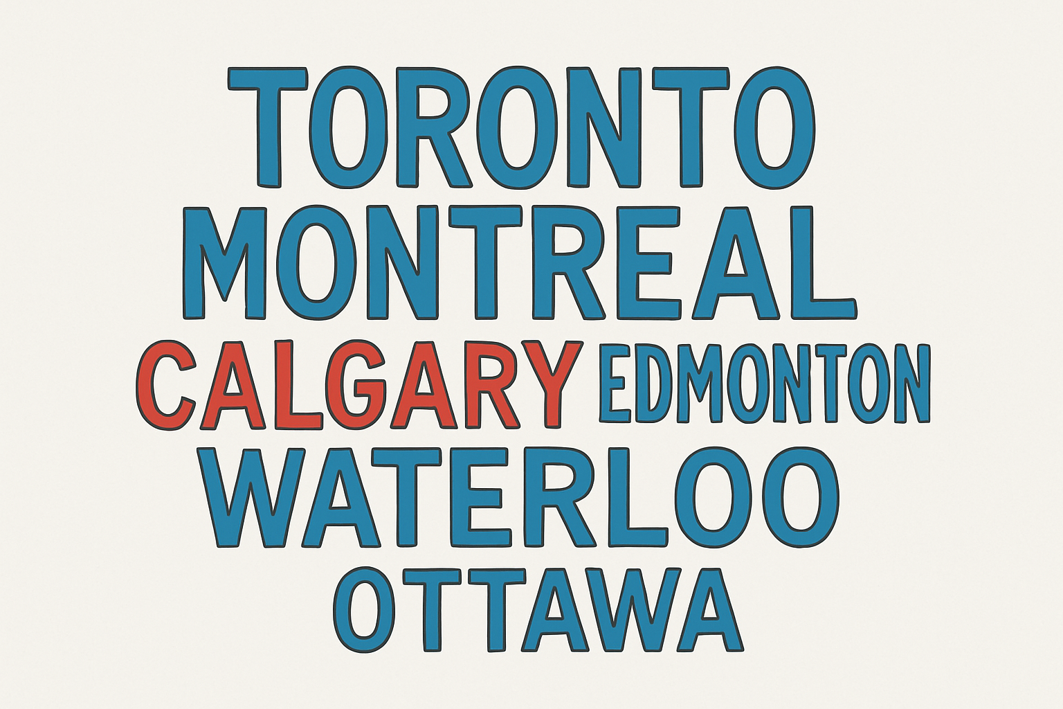 Word cloud showing major Canadian tech cities for salaries, immigration, and hiring trends in 2026.