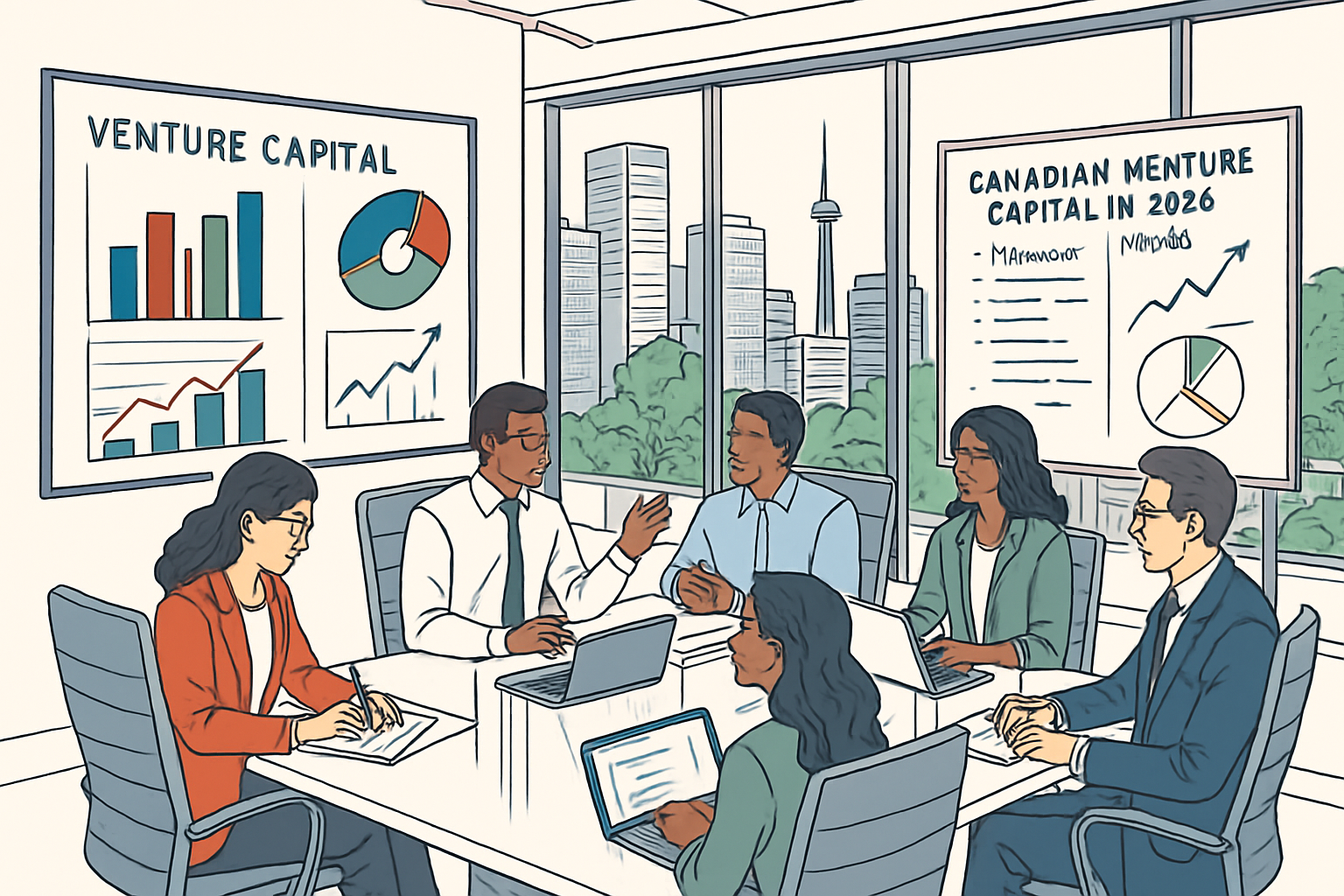 Startup founders meeting with venture capital investors to discuss seed funding strategy and early-stage growth in Canada.