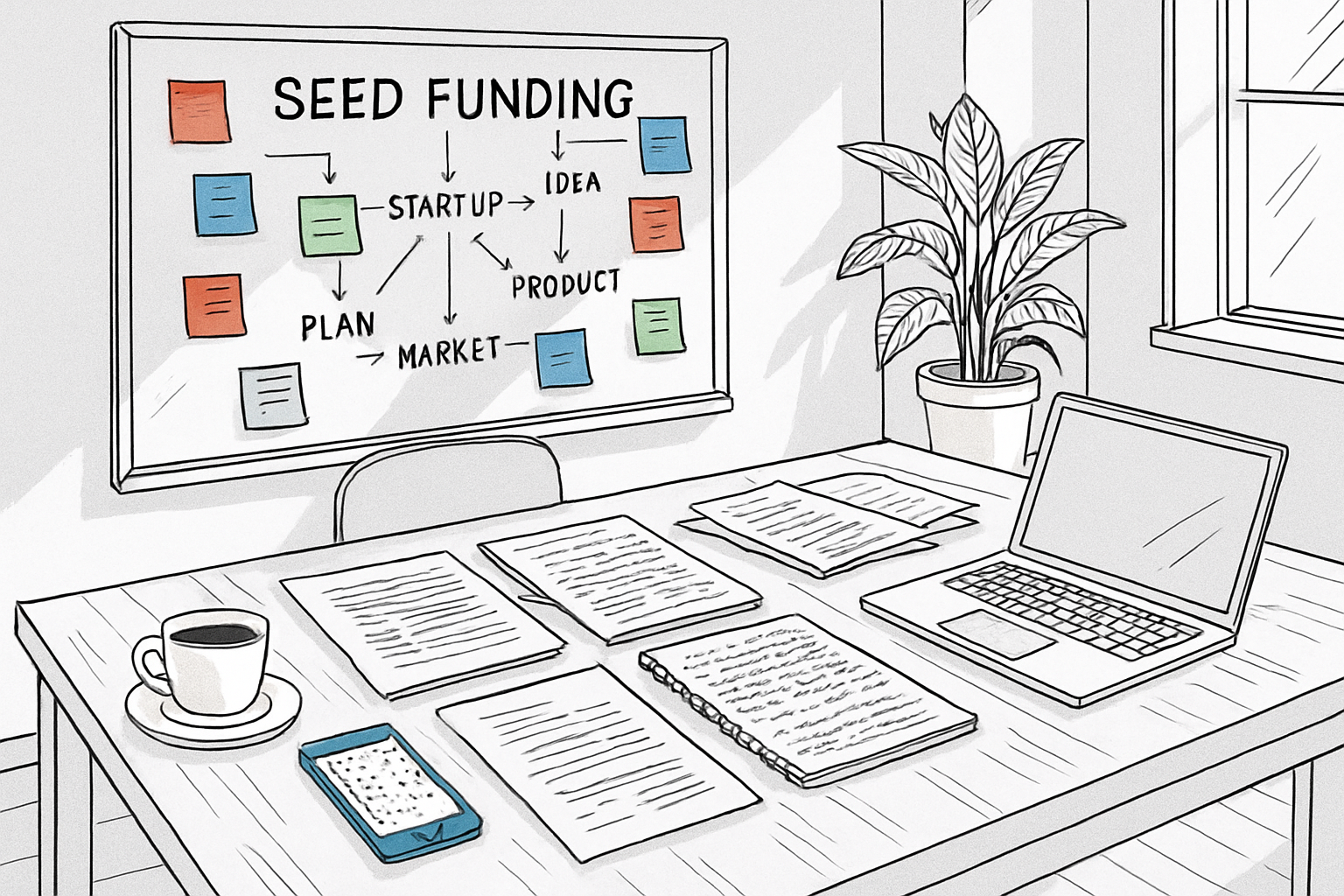 Seed funding planning workspace showing startup documents, investor notes, and product-market fit strategy for raising seed funding in Canada.