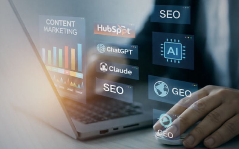 Modern content marketing workspace with laptop, analytics charts, and AI-powered tools for 2026 strategy planning