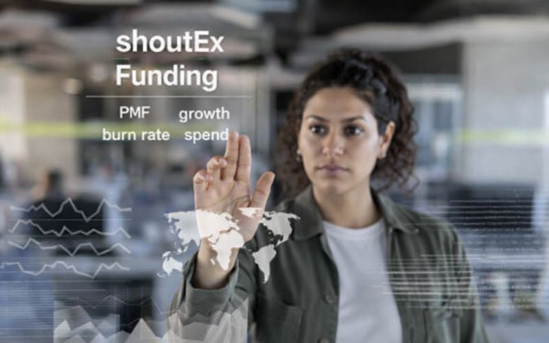 Startup founder analyzing funding strategy, product-market fit, burn rate, and growth metrics in a modern workspace